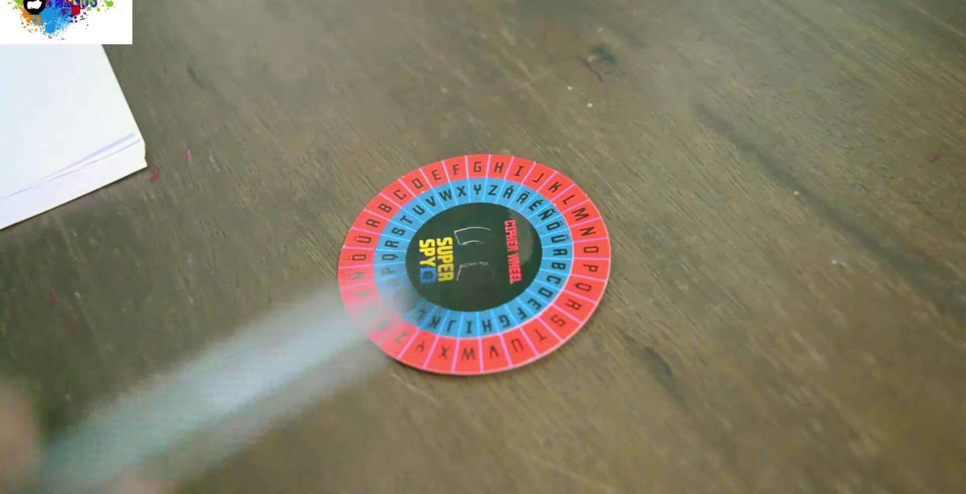 Close-up of the cipher wheel with hands demonstrating its use.