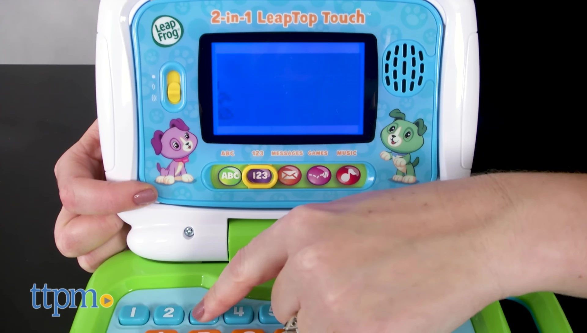 A shot showing the presenter summarizing the positive aspects of the LeapTop Touch.
