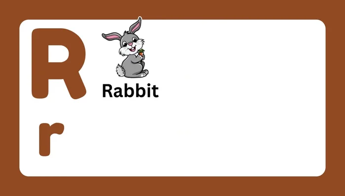 Letter R and associated words (Rabbit, Rain, Rocket, Rainbow, Robot, Rat)