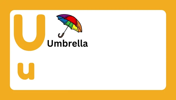 Letter U and associated words (Umbrella, Unicorn, Ukulele, Unicycle, Uranus, Uniform)