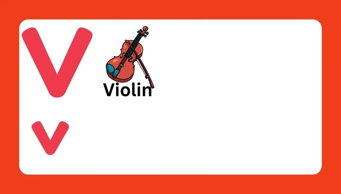 Letter V and associated words (Violin, Van, Volcano, Vulture, Vase, Bow)