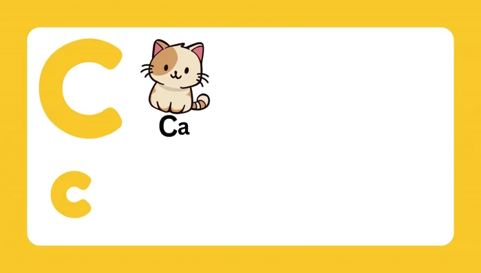 Letter C and associated words (Cat, Carrot, Cup, Crab, Caterpillar, Cake)