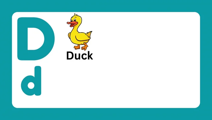 Letter D and associated words (Duck, Deer, Dinosaur, Drum, Donut, Dog)