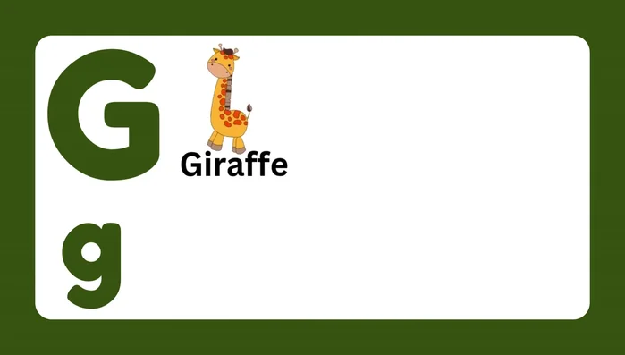 Letter G and associated words (Giraffe, Grapes, Grasshopper, Glass, Goose, Gorilla)