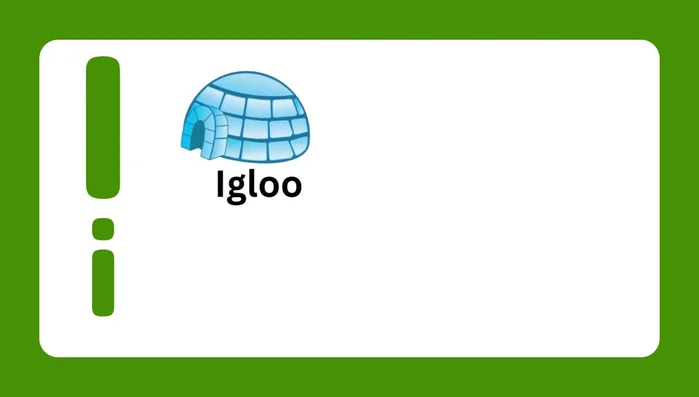 Letter I and associated words (Igloo, Iron, Ink, Iguana, Ice Cream, Ice)