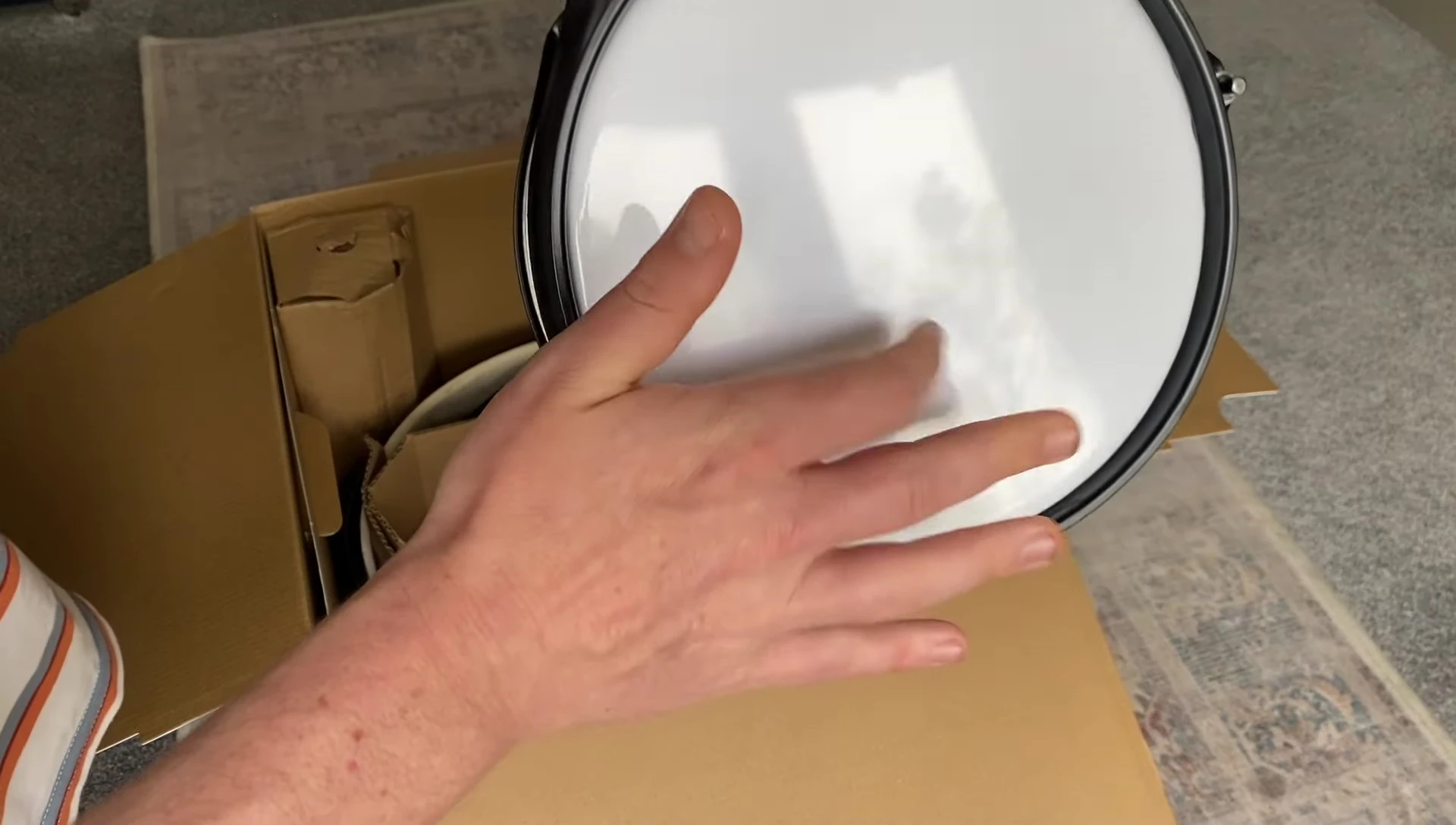 Close-up of the drum set components