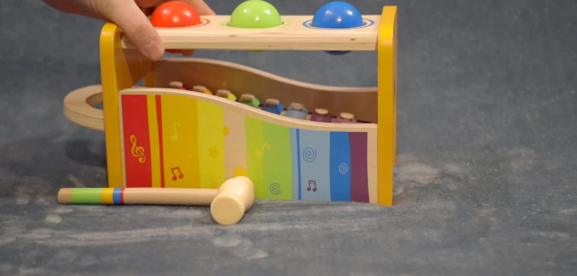 Close-up of the Hape Pound & Tap Bench packaging