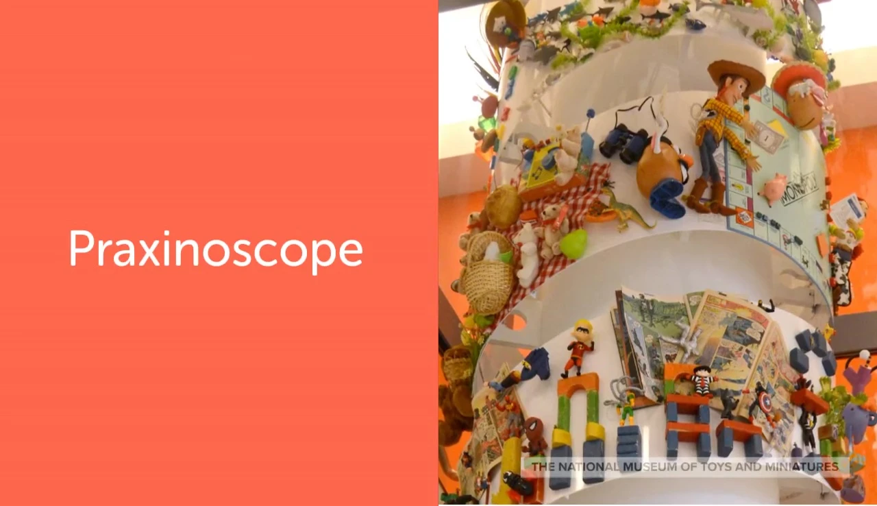 A praxinoscope showing its animation effect through mirrors.