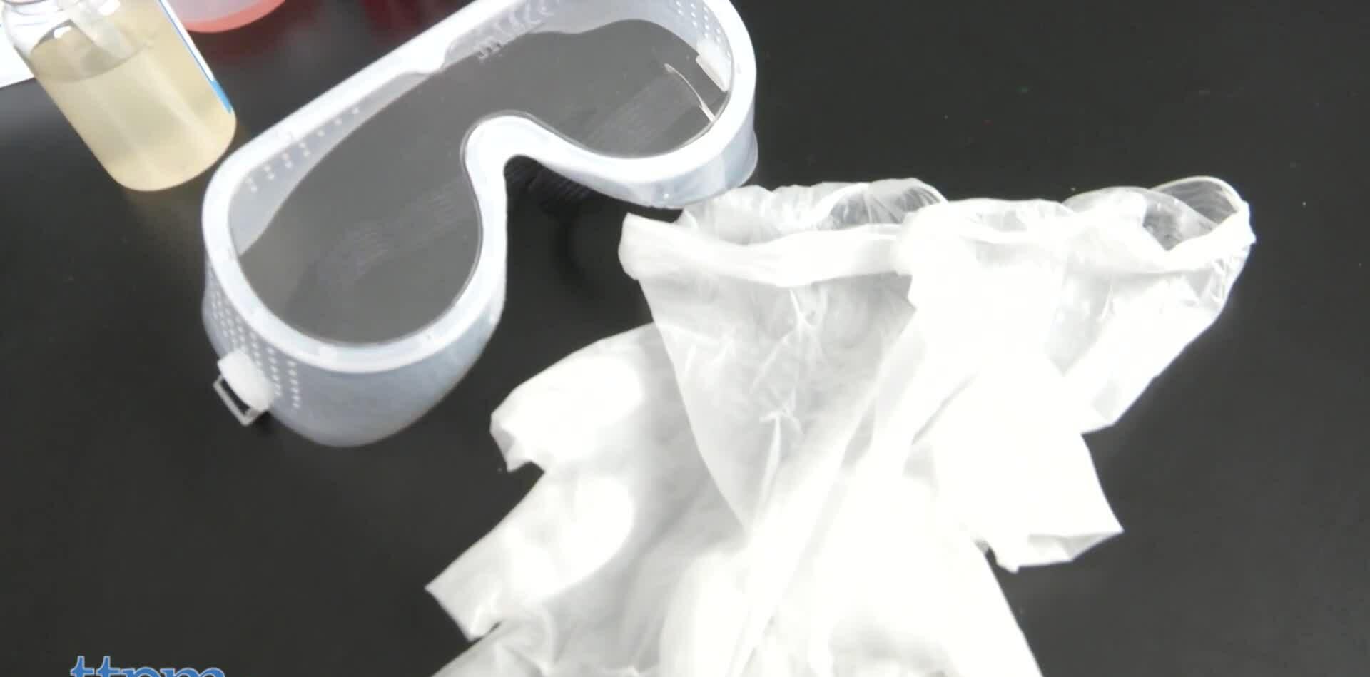 A view of the safety goggles, gloves, and lab station components