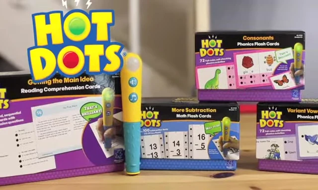 Examples of Hot Dots flash cards showing various subjects like math and reading.
