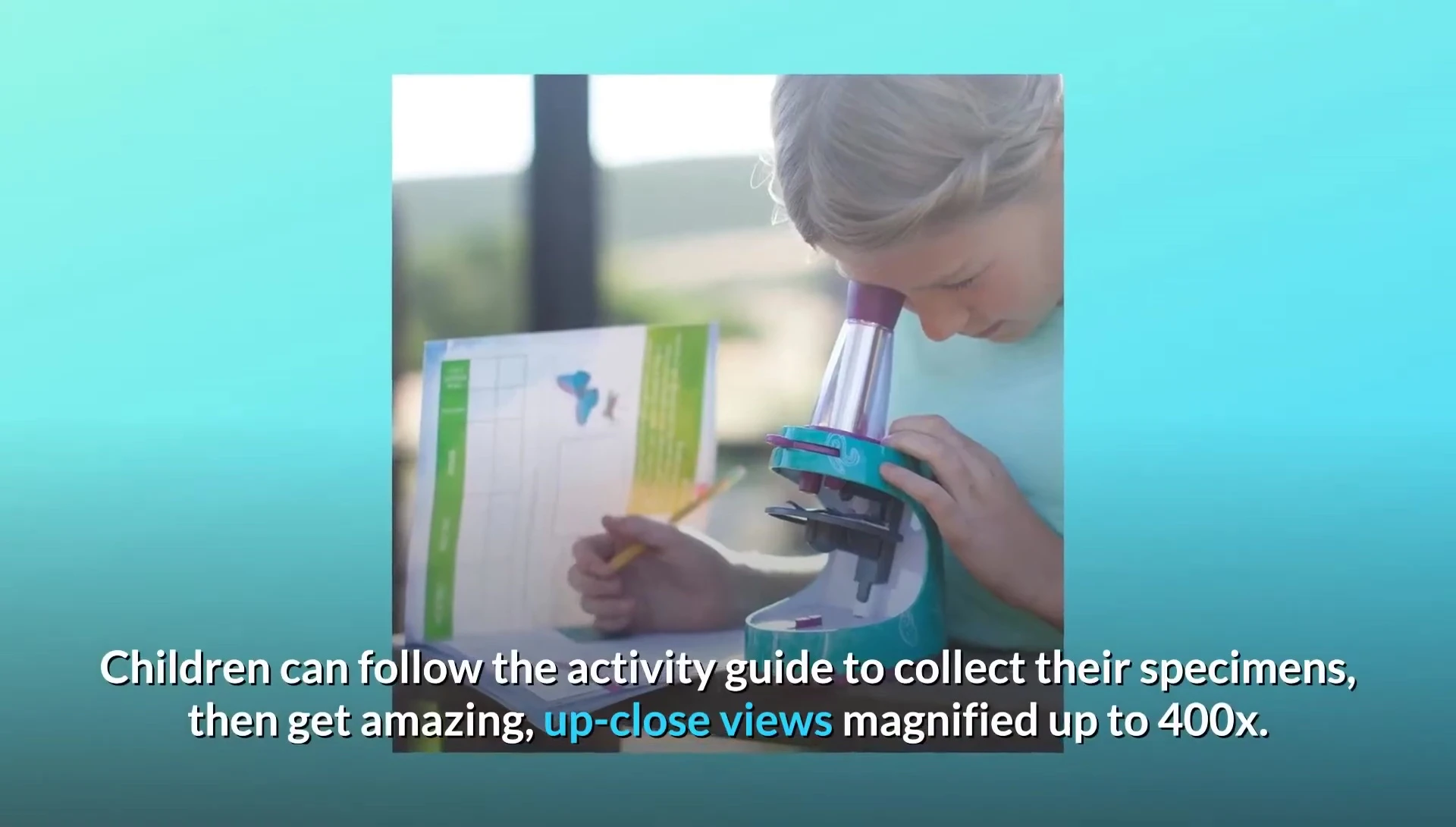 The activity journal open showing a child conducting an experiment.