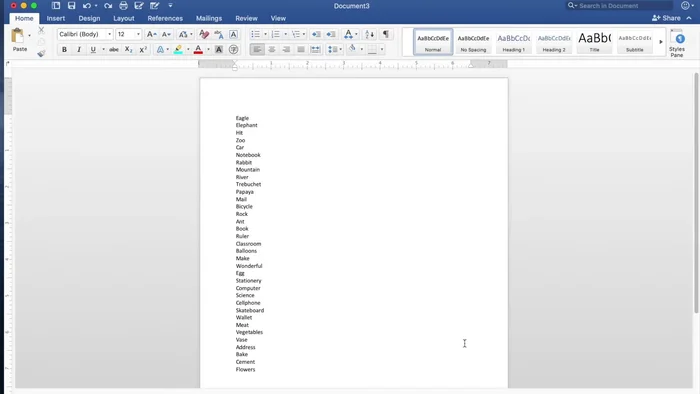 Highlight the entire word list.
