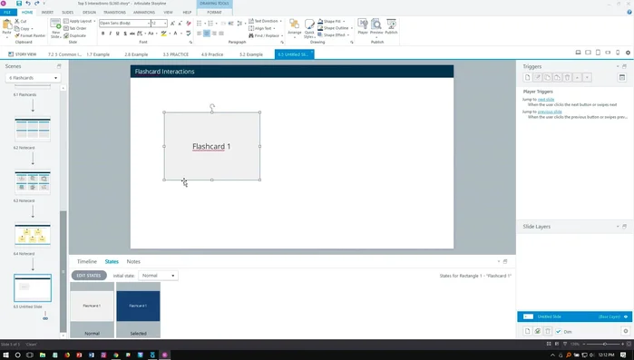 Place cards on the slide. Clicking a card reveals its 'Selected' state.