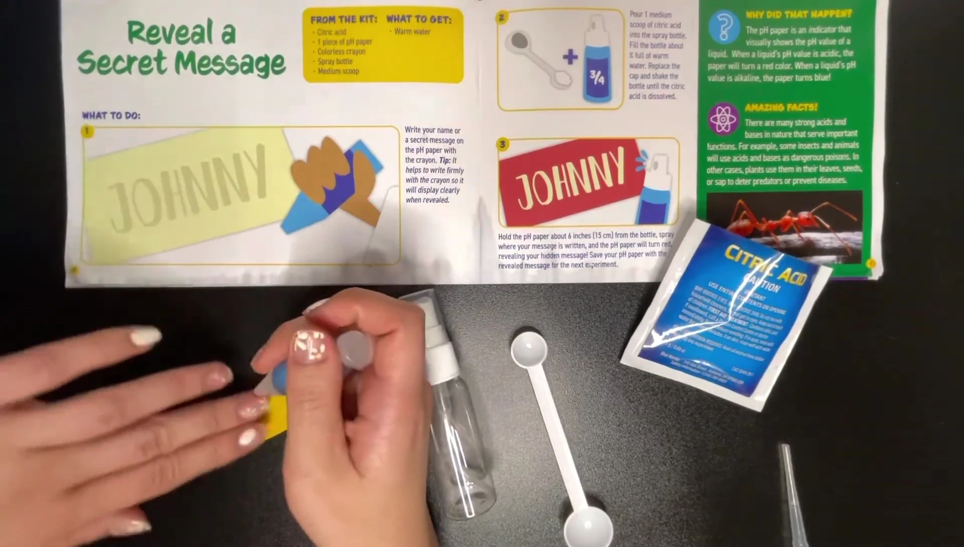 Writing a secret message on pH paper with a crayon
