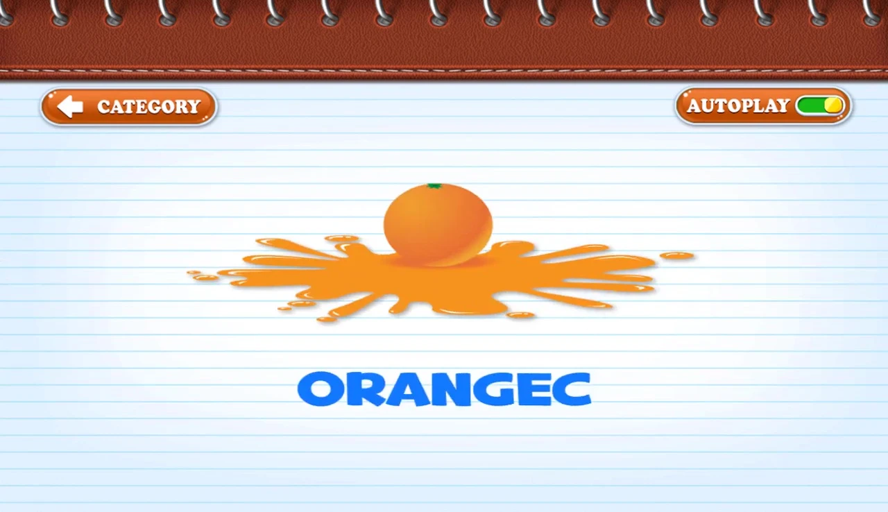 Flashcard showing 'orange'