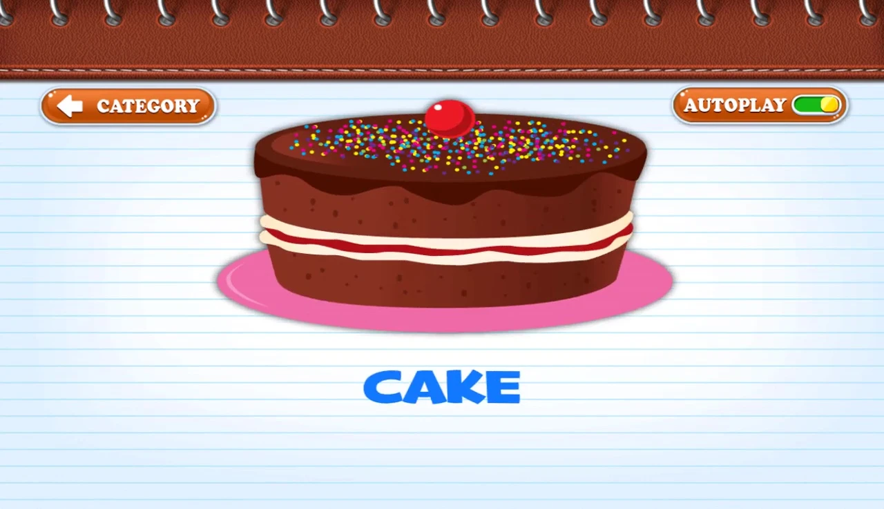 Flashcard showing 'cake'