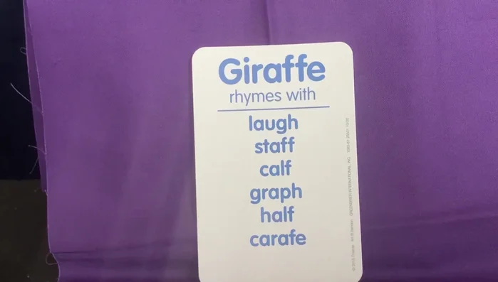 Provide examples of words that rhyme with 'giraffe' (laugh, staff, calf, graph, half, carafe).