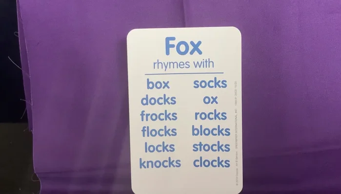 Provide examples of words that rhyme with 'fox' (box, docks, frocks, flocks, locks, knocks, socks, ox, rocks, blocks, stocks, clocks).