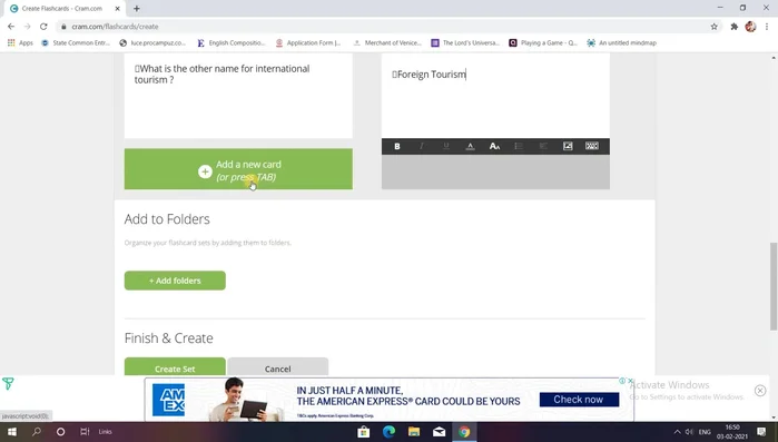 Add as many flashcards as needed. Click 'Create Set' when finished.