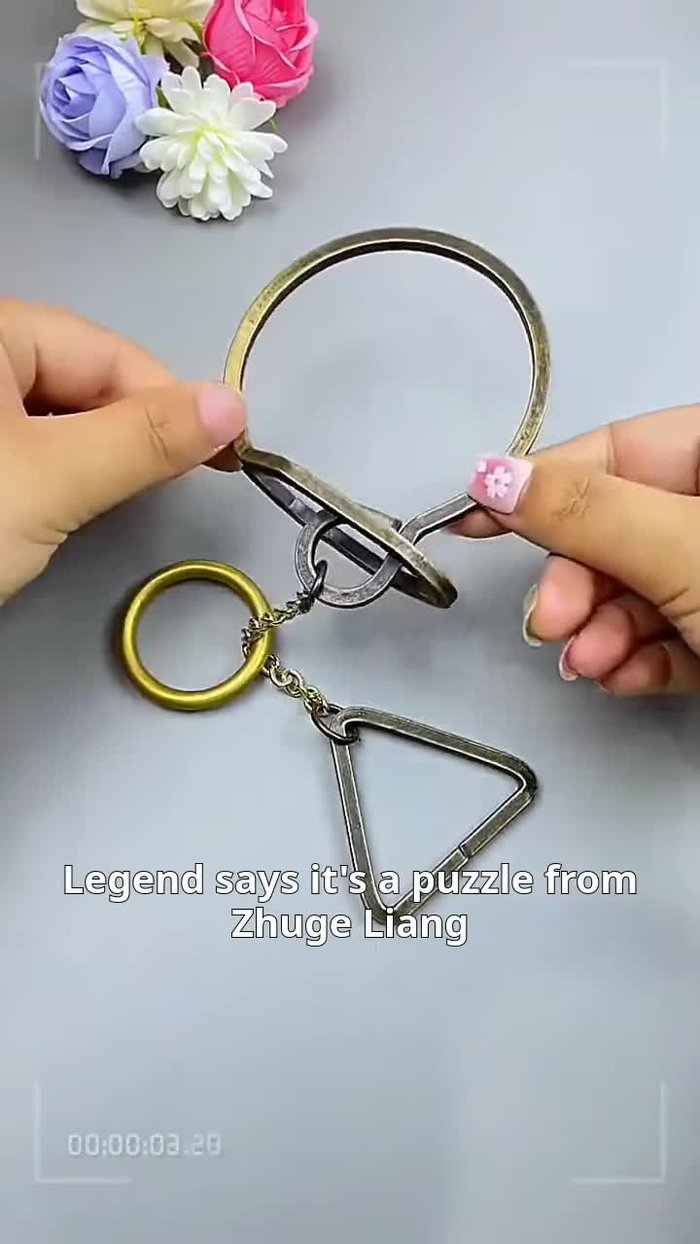 Observe the structure: Notice the triangular ring at the bottom and the closed loop of the gold ring.
