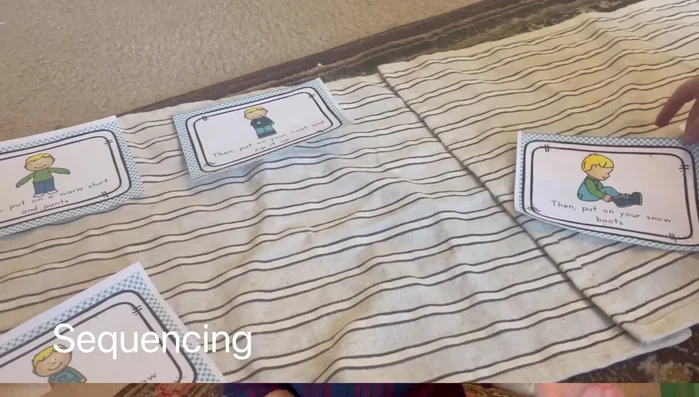 Create homemade sequencing cards showing daily routines (e.g., brushing teeth).