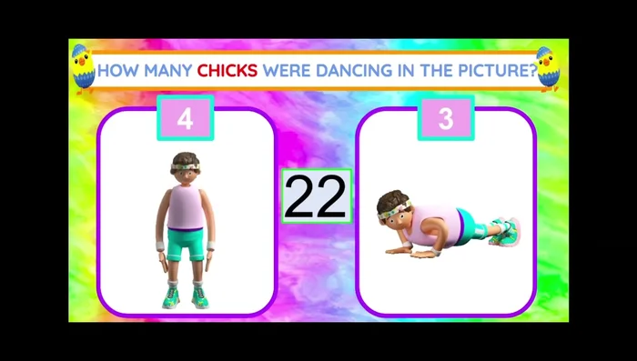 Study the picture of the chicks. If four are dancing, do jumping jacks; if three are dancing, do push-ups.