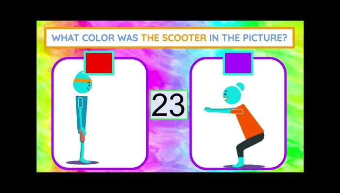 Study the picture of the scooter. If it's red, do two lunges; if it's purple, do squats.