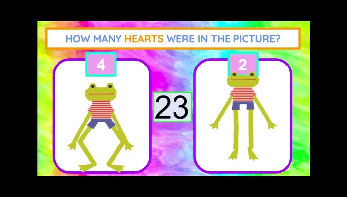 Study the picture of the hearts. If there are four, do squats; if there are two, do frog jumps.