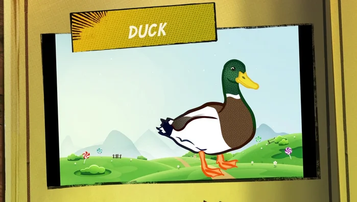 Meet the duck. Learn to say 'duck'. Ducks love the pond.