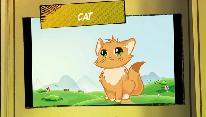 Meet the cat. Learn to say 'cat'. Cats catch mice.
