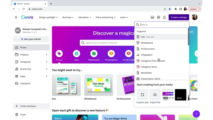 Open Canva and start a new design. Select "Worksheet" (8.5 x 11 inch).
