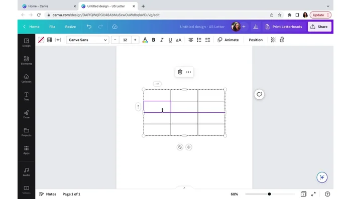 Resize the table to your desired size (6 boxes). Use the three dots to delete extra rows and columns.