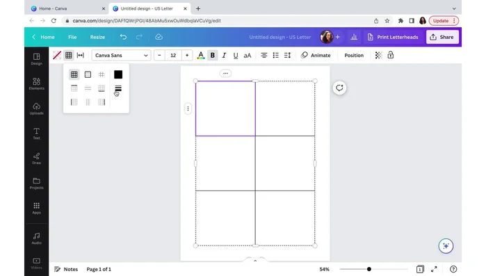 Adjust the border weight to make the lines thicker (e.g., weight 7). Select the entire table to apply the change to all boxes.
