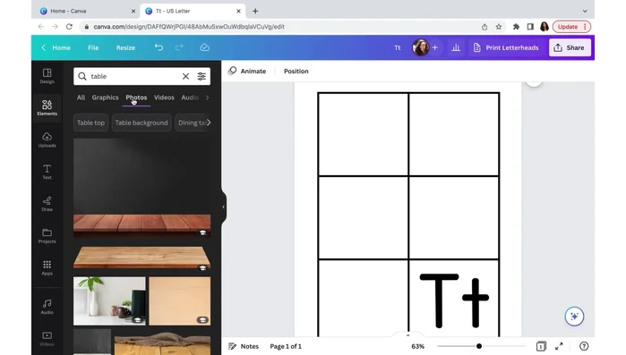 Resize and position images within each box to create the flashcard.