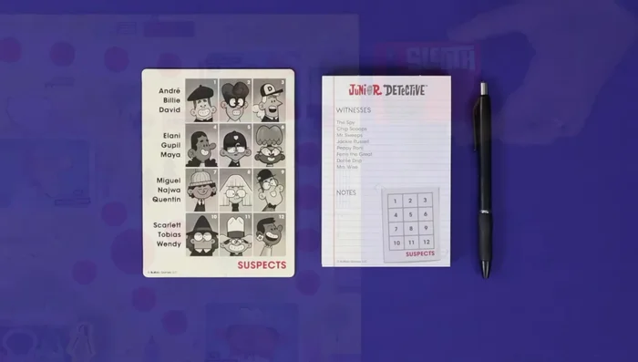 Shuffle the sleuth cards and place them near the board. Give each player a pen/pencil, a notepad page, and ensure they can see the suspect boards.