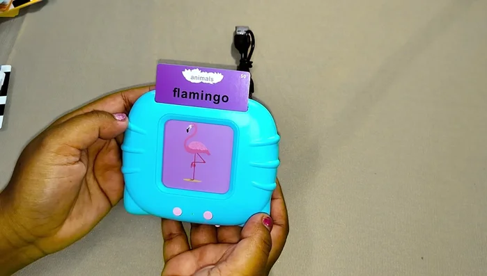 Listen to the audio output; the device reads the card's name and information.